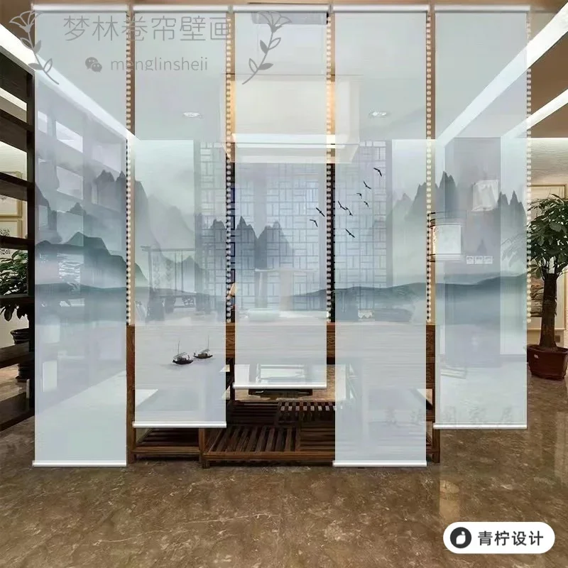 Customized Chinese style curtains, semi transparent landscape gauze, double-sided roller blind room, office