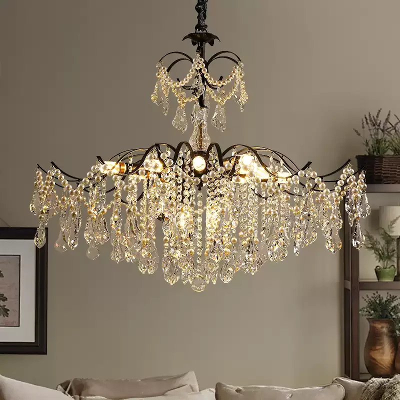 Vintage Crystal Beaded Chandelier, Black Metal Frame Pendant Light, Luxury Living Room Dining Room Bedroom Lighting Fixture