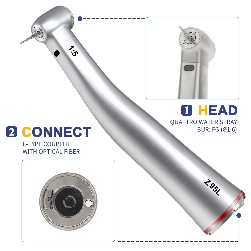 Z95LFiber Optical Dentals Contra Angle 1:5 Increasing Speed Handpiece with Internal Water Spray Red Ring for FG Burs Top Quality