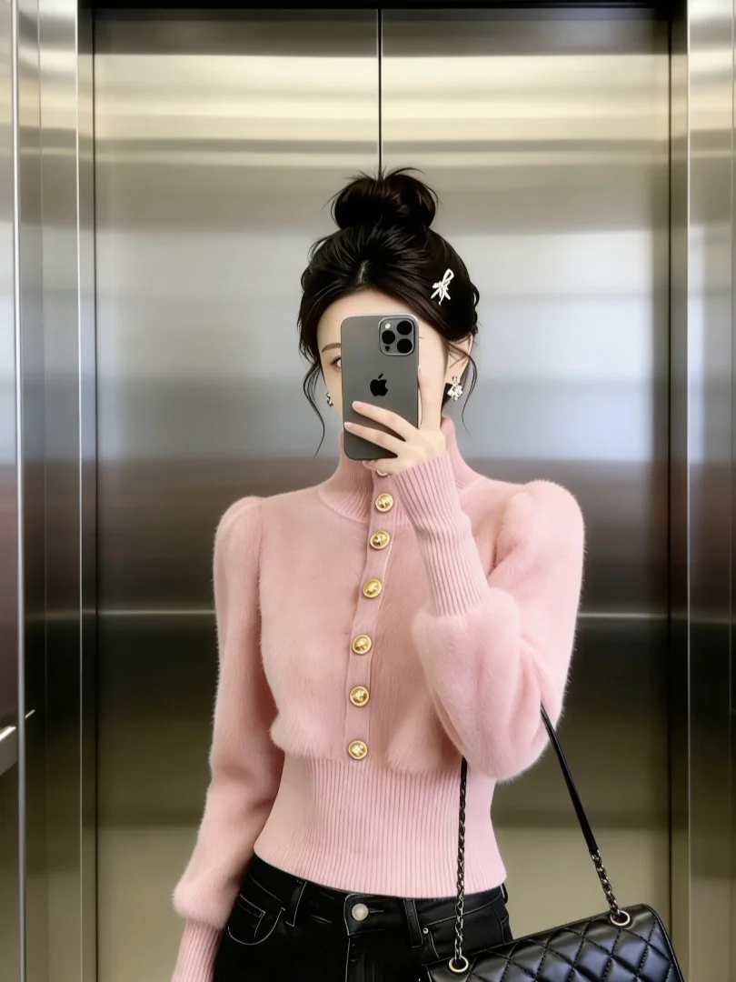

Unique Beautiful Korean Sle Winter Faion ort Knitted Pink Sweater Inner Wear Top Ele Luxury Casual Women's Clothes