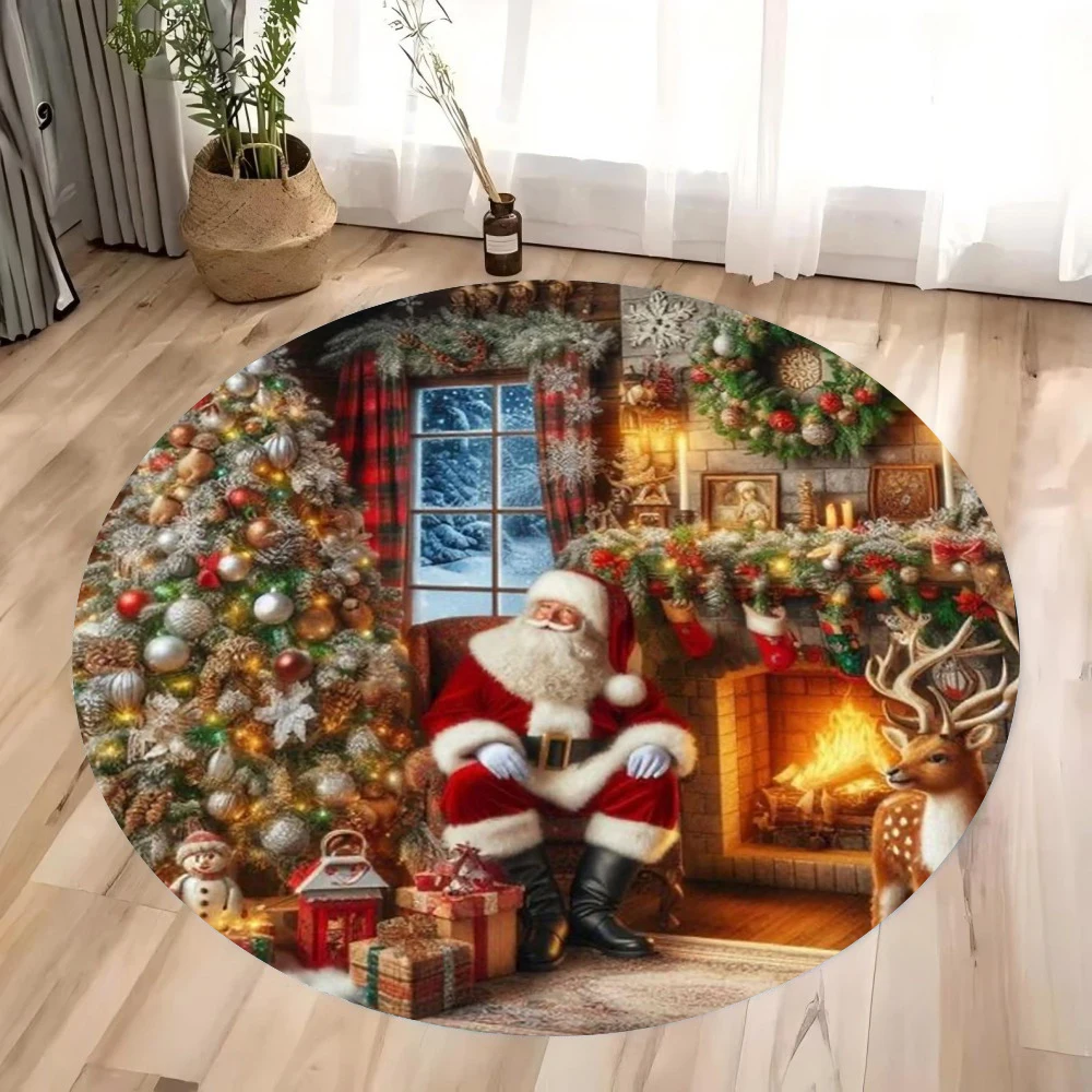 

Winter Christmas Theme Round Carpet Cute Snowman, Christmas Tree, Reindeer, Forest, Snowflake Gift Pattern Home Living Room Mat