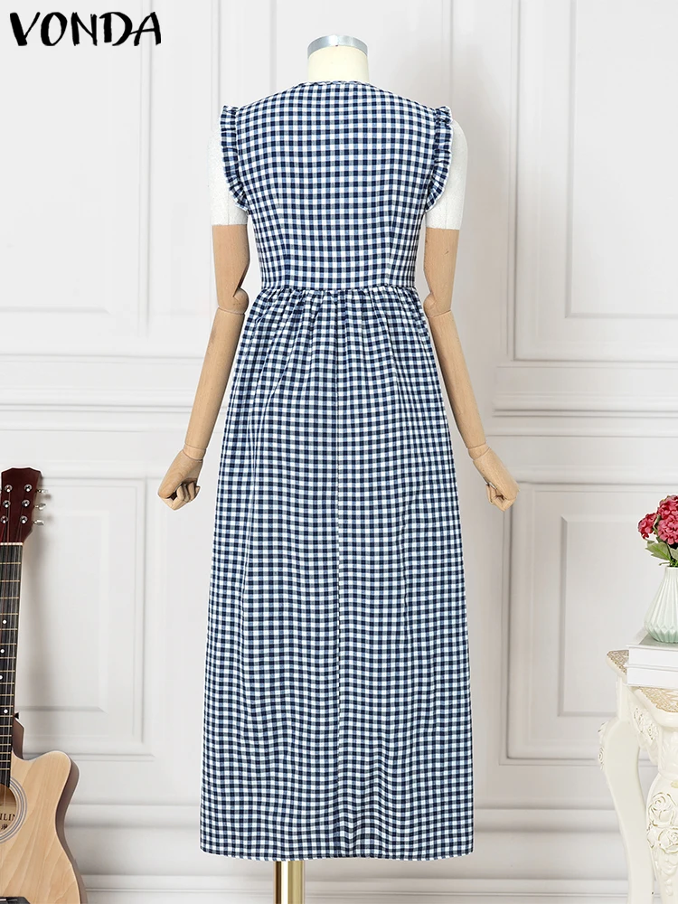 VONDA Letnia Sukienka Maxi w Kratę w Stylu Boho Damska Plisowana Długa Sukienka Letnia Elegancka Seksowna Bez Rękawów na Imprezę Vestido Codzienna Sukienka z Falbankami