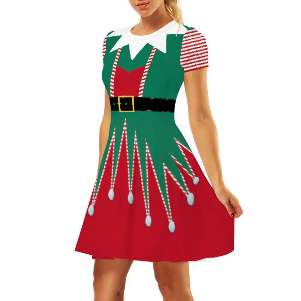 Xmas Lightweight Dress Christmas Themed Print Cosplay Dress Women's O-neck Short Sleeve Mini Dress with High Waist Loose Hem