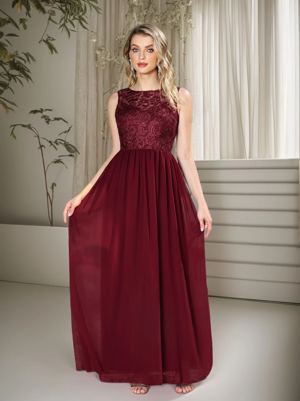 Burgundy Lace Sheer Back Evening Dresses Chiffon A-Line O-Neck Sleeveless Prom Dress Pleated Waist Floor-idos Bridesmaid Dresses
