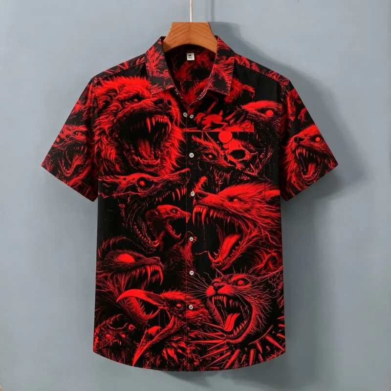 Men's Domineering Wolf Head Printed Short Sleeved Shirt with Wild Style and Personality Suitable for Street Shirts