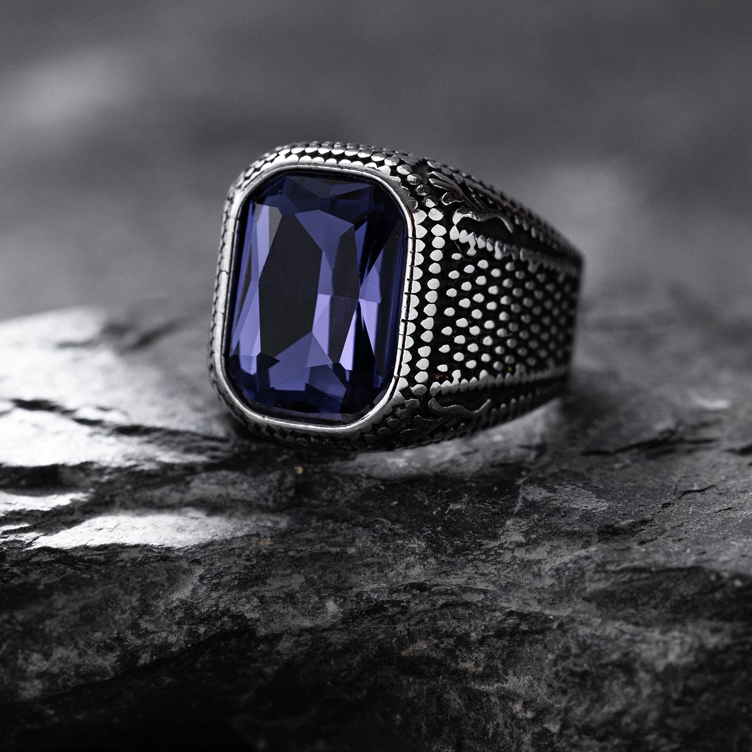 Vintage Style 316L Stain Steel Men\'S Ring, Square Faceted Synthetic Faux Gemstone, Fashion Retro Pattern, Single Ring Jewelry