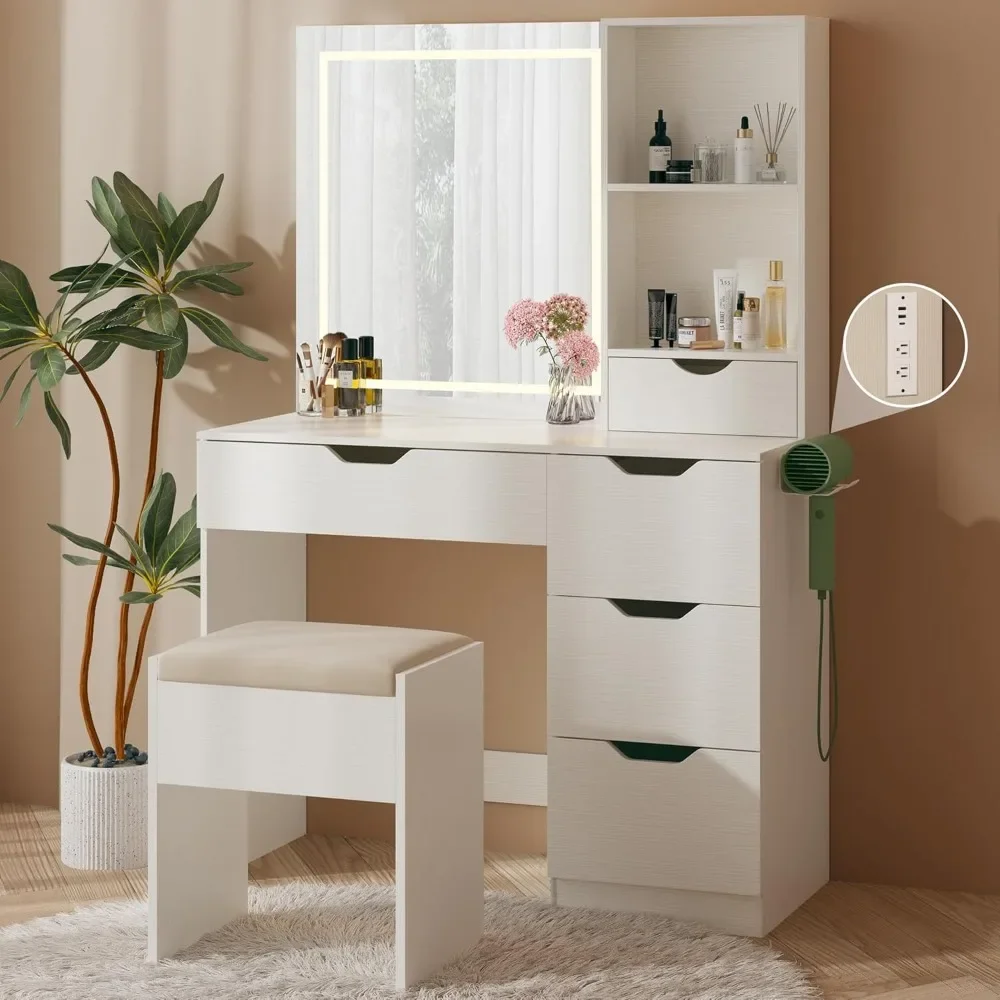 Bureau de courtoisie avec lumières LED, miroir et prise de courant, 3 couleurs d'éclairage, 5 brochettes de proximité, ensemble de maquillage et tabouret en baume