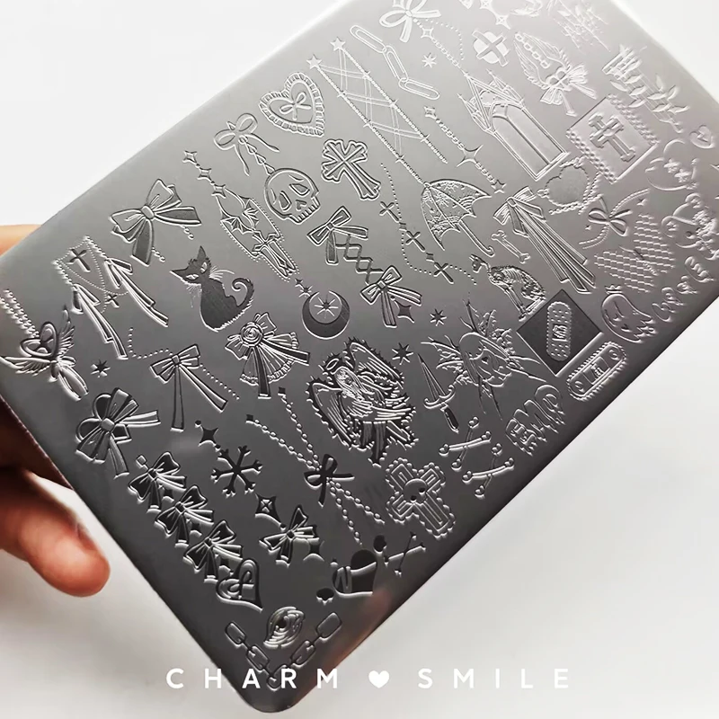 

French Nail Art Stamping Plate Geometry Cartoon Characters Cat Bow Fish Template Flower Lace Stamp Nail Charm Mold Stencil Tools