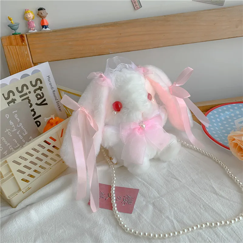 Lolita JK Cute Bunny Package Harajuku Bowknot Lace Rabbit Bag Cute One-shoulder Messenger Bag Japanese Doll Plush Bag Furry Bag