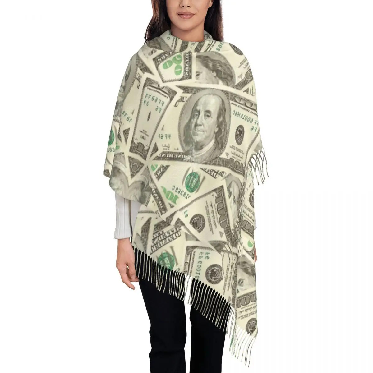 

Fashion 100 Dollar Bills Tassel Scarf Women Winter Warm Shawls Wraps Lady Money Scarves