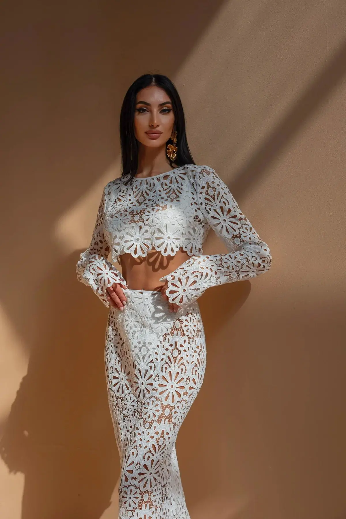 EINY Hollow Out See Through Tank Top Skirts Suits Women Long Sleeve Wave Cut Lace Tops Hip Package Skirt Suit Lady Knitted Sets