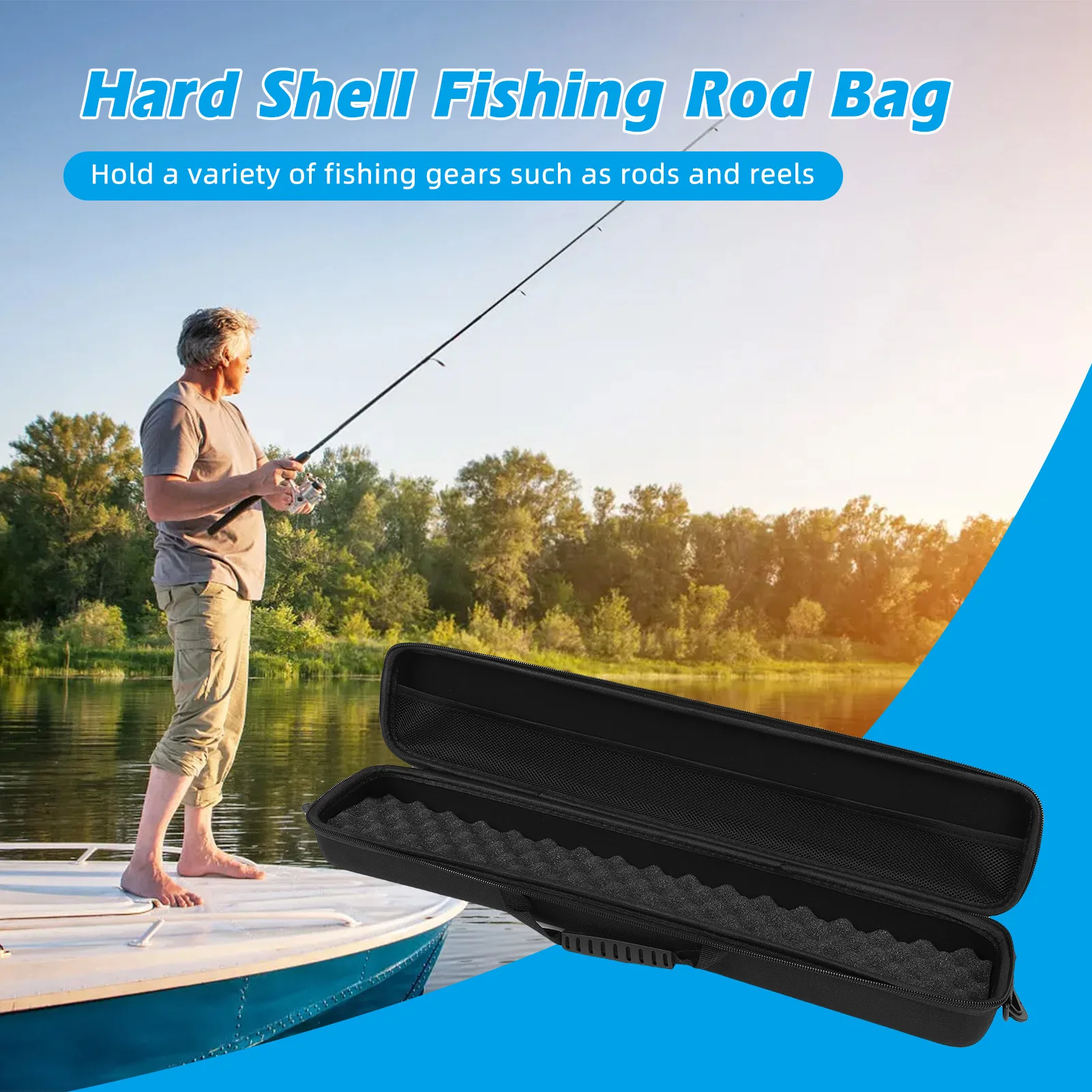 Fishing Rod Reel Storage Bag Hard Fish Pole Organizer Built-in Foam Cushion for Easy Carry 53x11x7.5cm