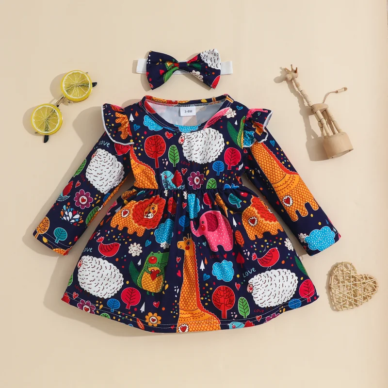 Baby Dress Spring and Autumn Baby Cartoon Printed Long-sleeved Dresses Headscarf Two-piece Set