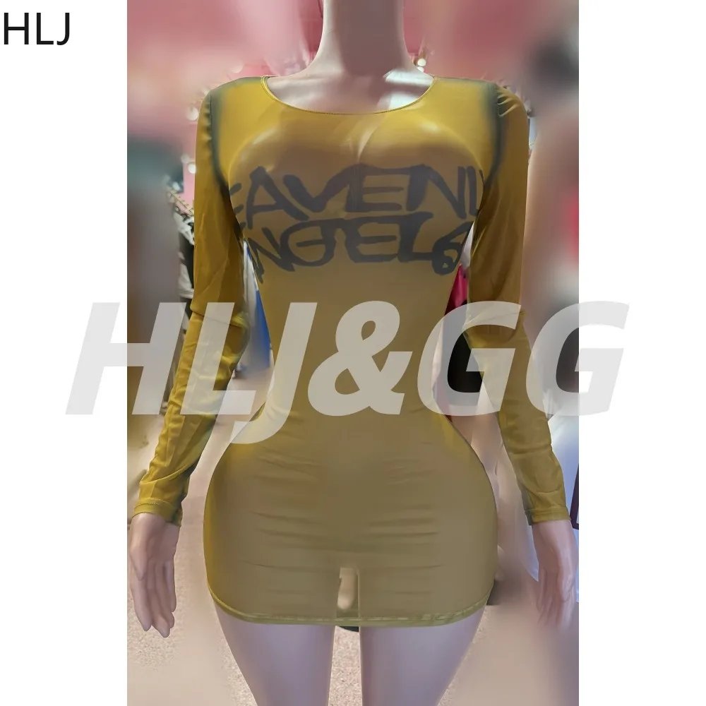 

HLJ Sexy Mesh See Through Bodycon Mini Dress for Women Crew Neck Letter Printting Patchwork Dresses for Streetwear Clubwear 2026
