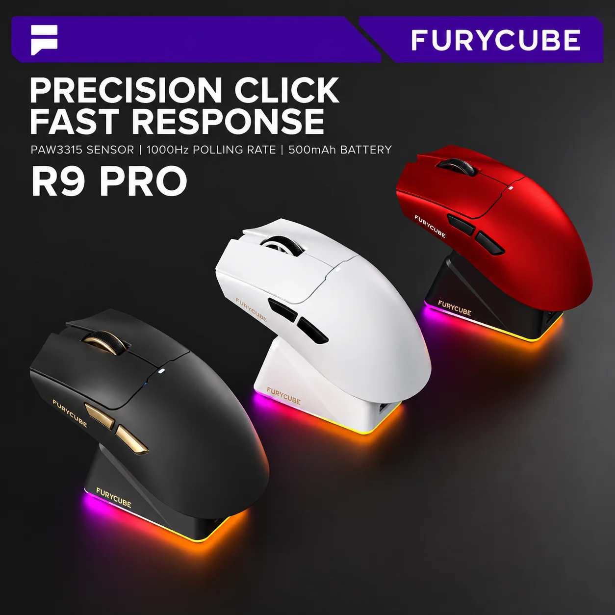 Furycube R9 Pro Wireless Gaming Mouse Tri Mode Paw3315 With Charging Dock 1000Hz Polling Rate For E Sports Gaming