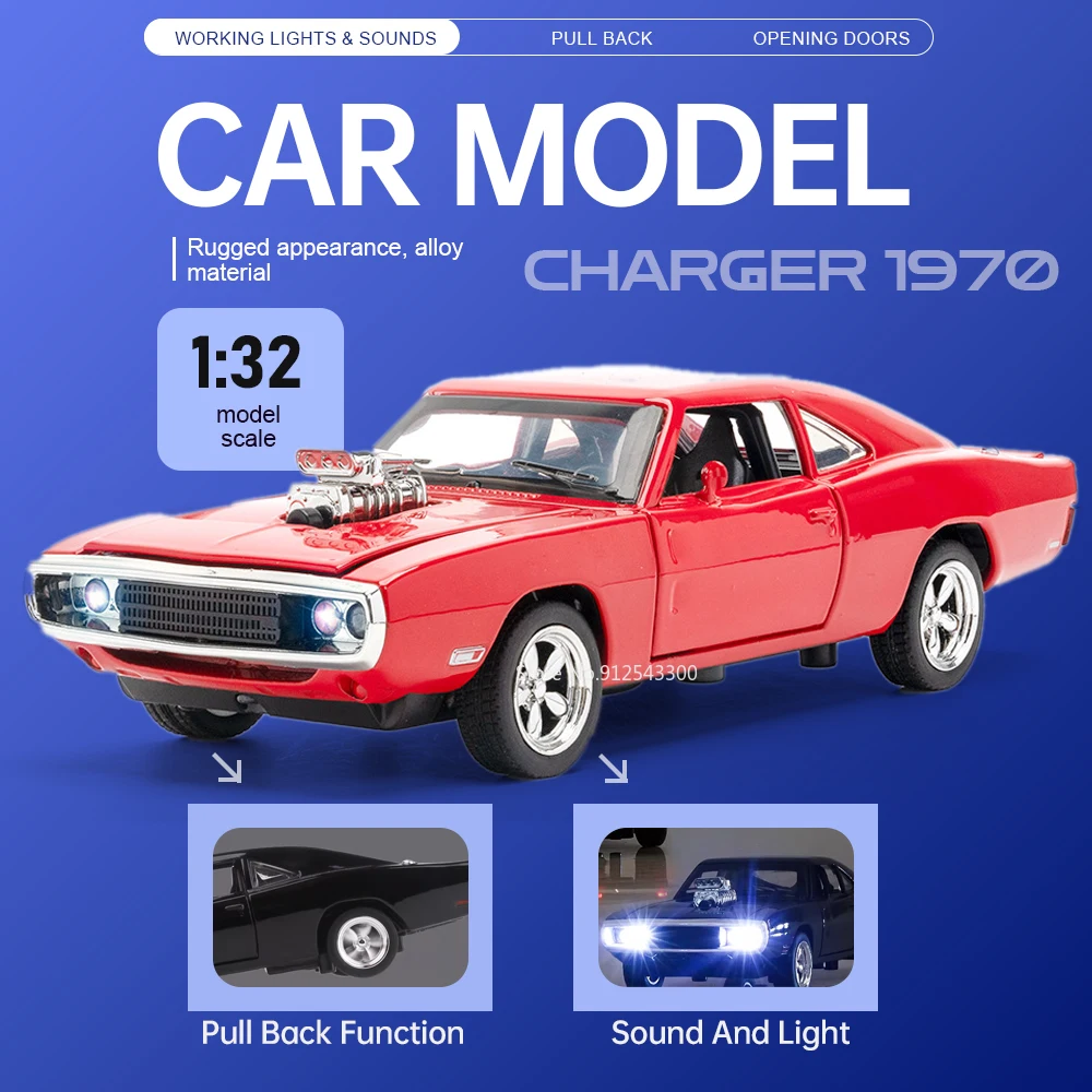 1:32 1970 Charger Car Model Toy Doors Opened Sound Light Models Pull Back Vehicle for Child Birthday Gifts