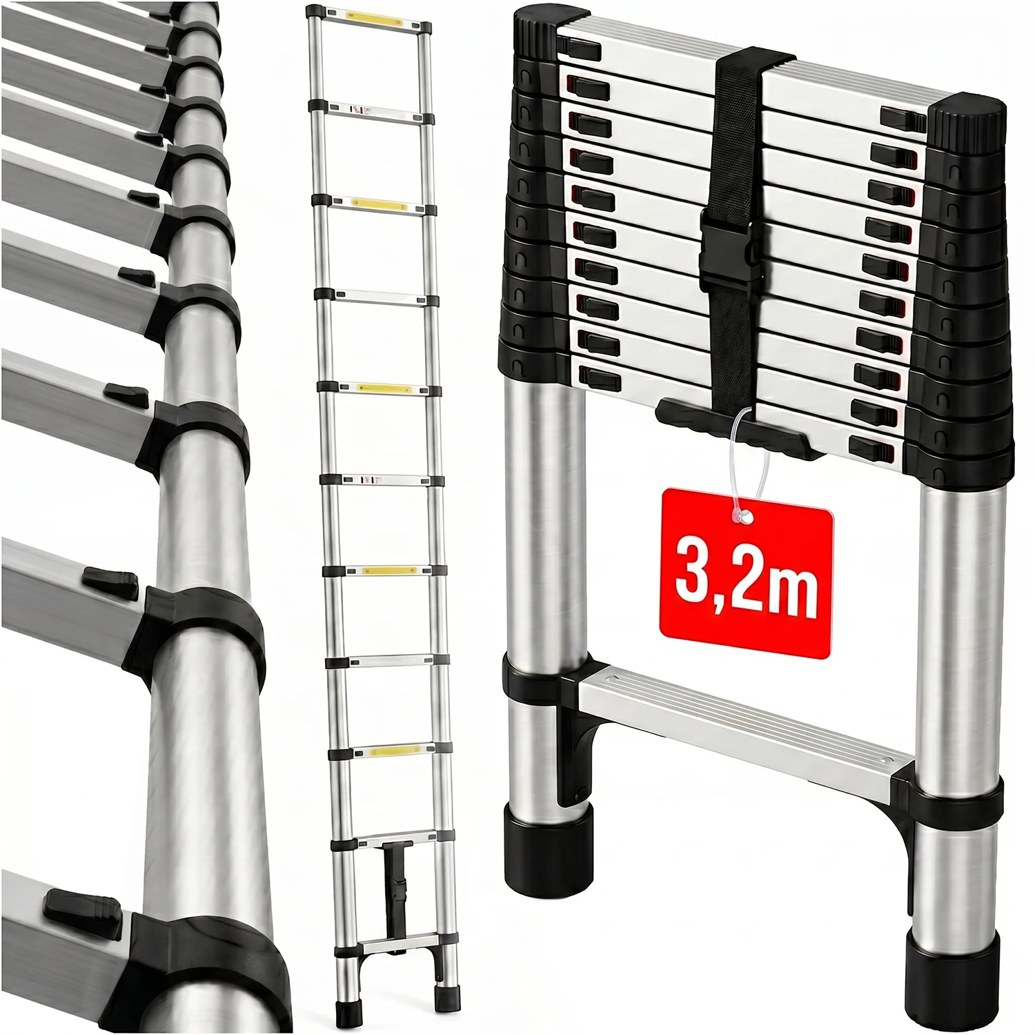 Image of Teleskopleiter, klappbar, rutschfest, 150 kg, 3,2 m, 11 Stufen, Edelstahl, ausziehbar, tragbar, vielseitig einsetzbar, mit automatisch verriegelnden Stufen, kompakte Lagerung, ergonomische Griffe, für