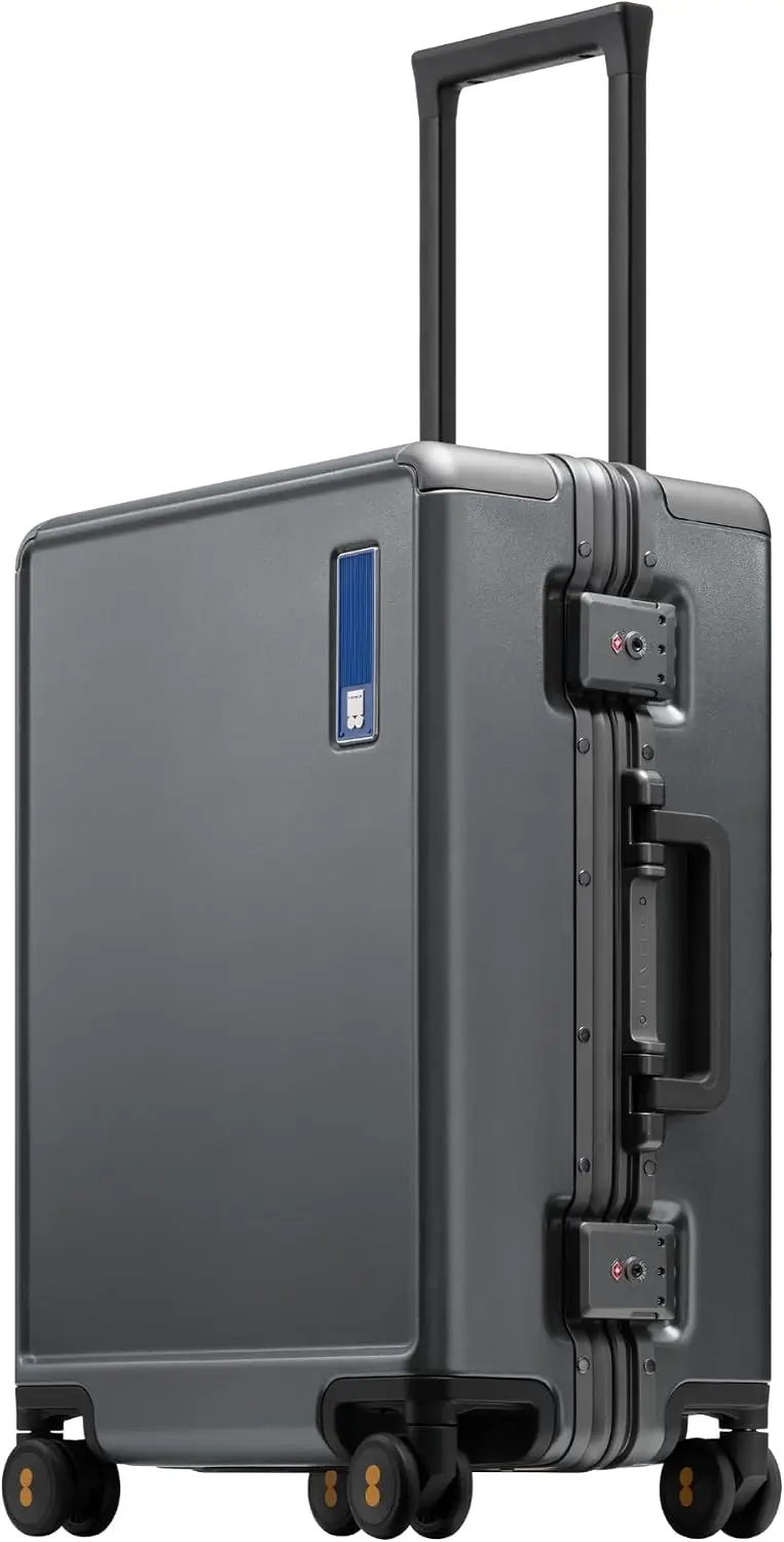 20 Inch Grey Hard Shell Suitcase Aluminum Frame Zipperless Carry On Airline Approved Spinner Wheels Metal Checked Luggage Double