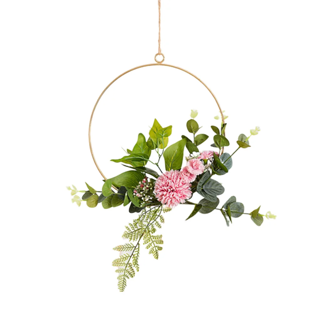

Artificial Floral Wreath Hanging Iron Art Pink Hydrangea Nordic Style Rope Decoration Modern Wedding Backdrop Wall Nursery Party