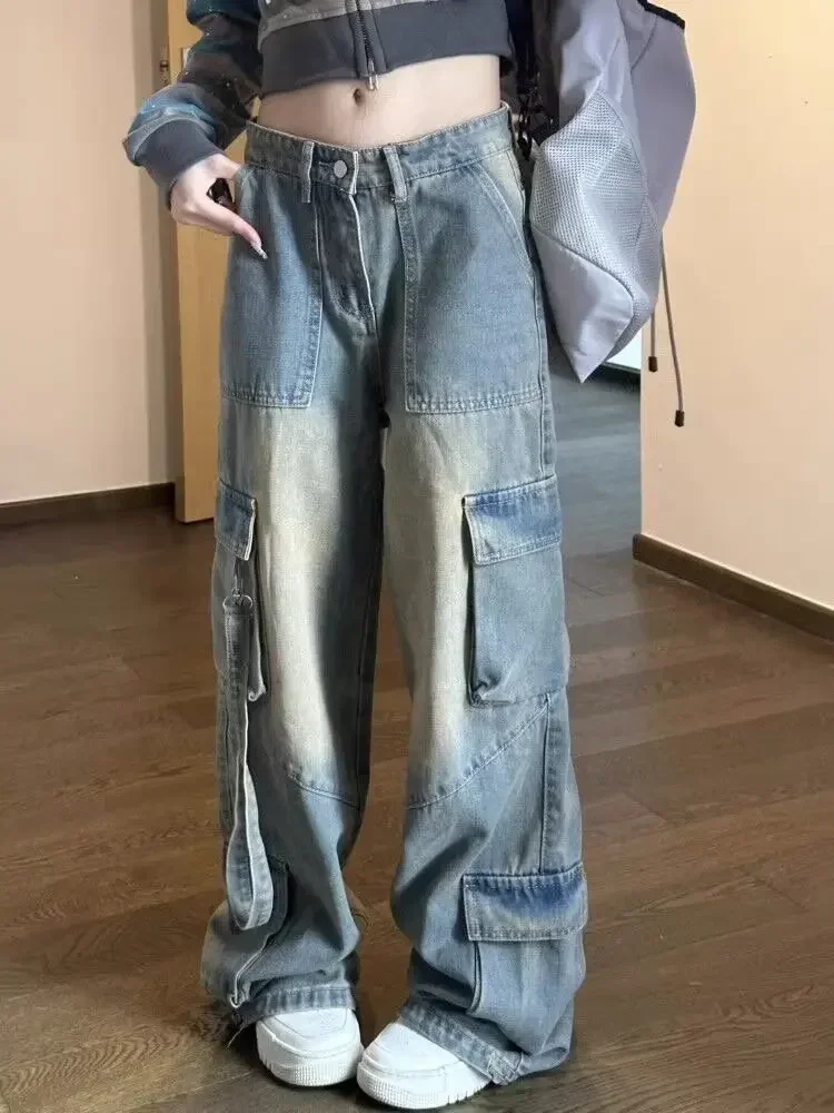 Female Jean Spliced Pockets Cargo Pants Washed Denim High Waist Full Length Jeans Loose Solid Basics Patchwork Distressed