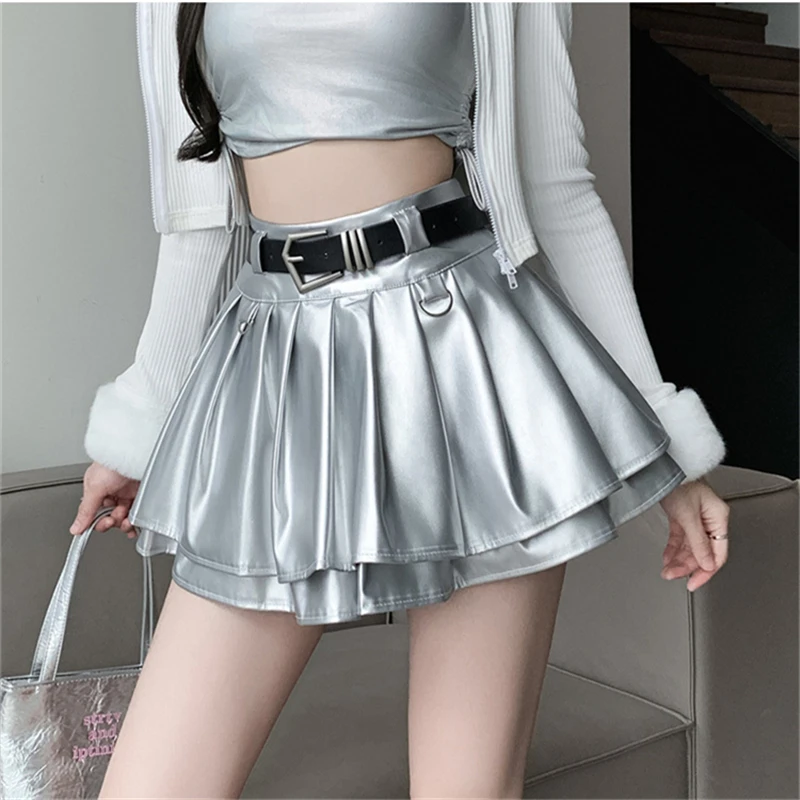 ارتفاع الخصر مطوي تنورة صغيرة المرأة المضادة للضوء المشي تنورة بولي Leather الجلود التنانير القصيرة مع حزام بطانة الكورية الفتيات تنورة رقص