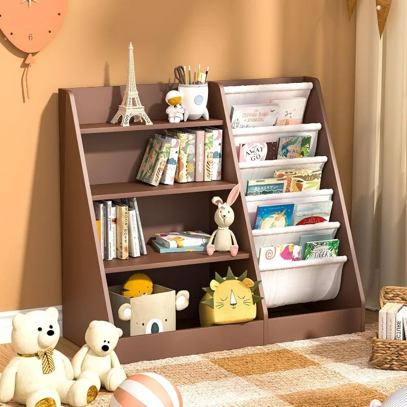 Kids Bookshelf Toy Storage Organizer 4-Tier Wood Book Rack Toddler Bookcase Baby Book Toy Display Shelf 5 Sling Bookshelf