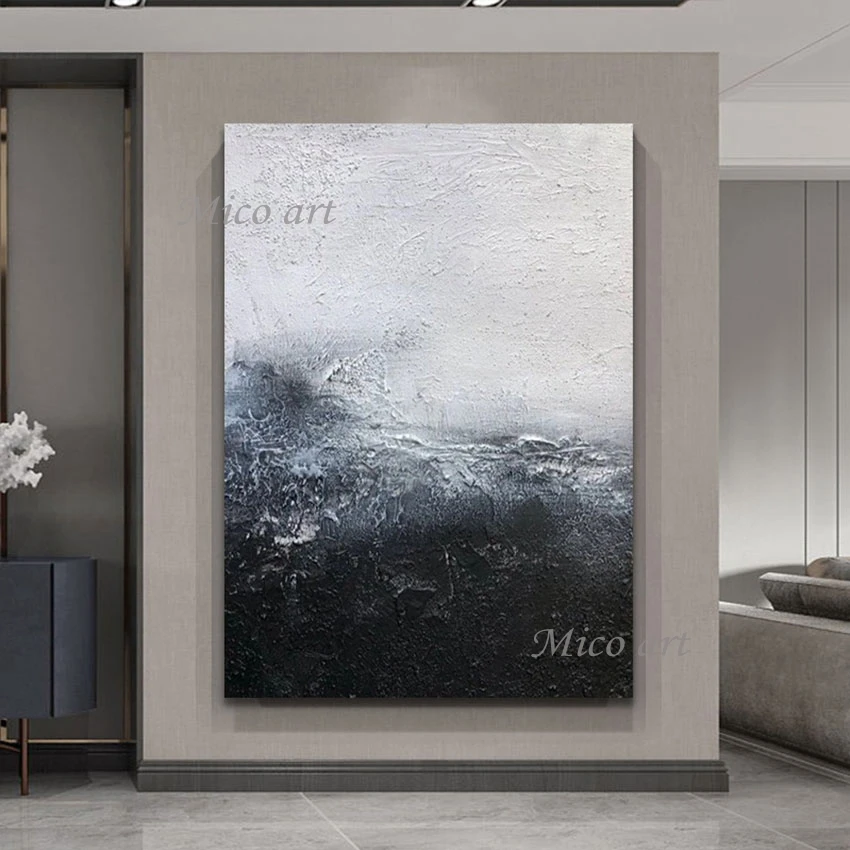 

100% Hand-painted Palette Knife Oil Painting Abstract Black Whit Acrylic Picture No Frame Dropshipping Wall Canvas Art Decor