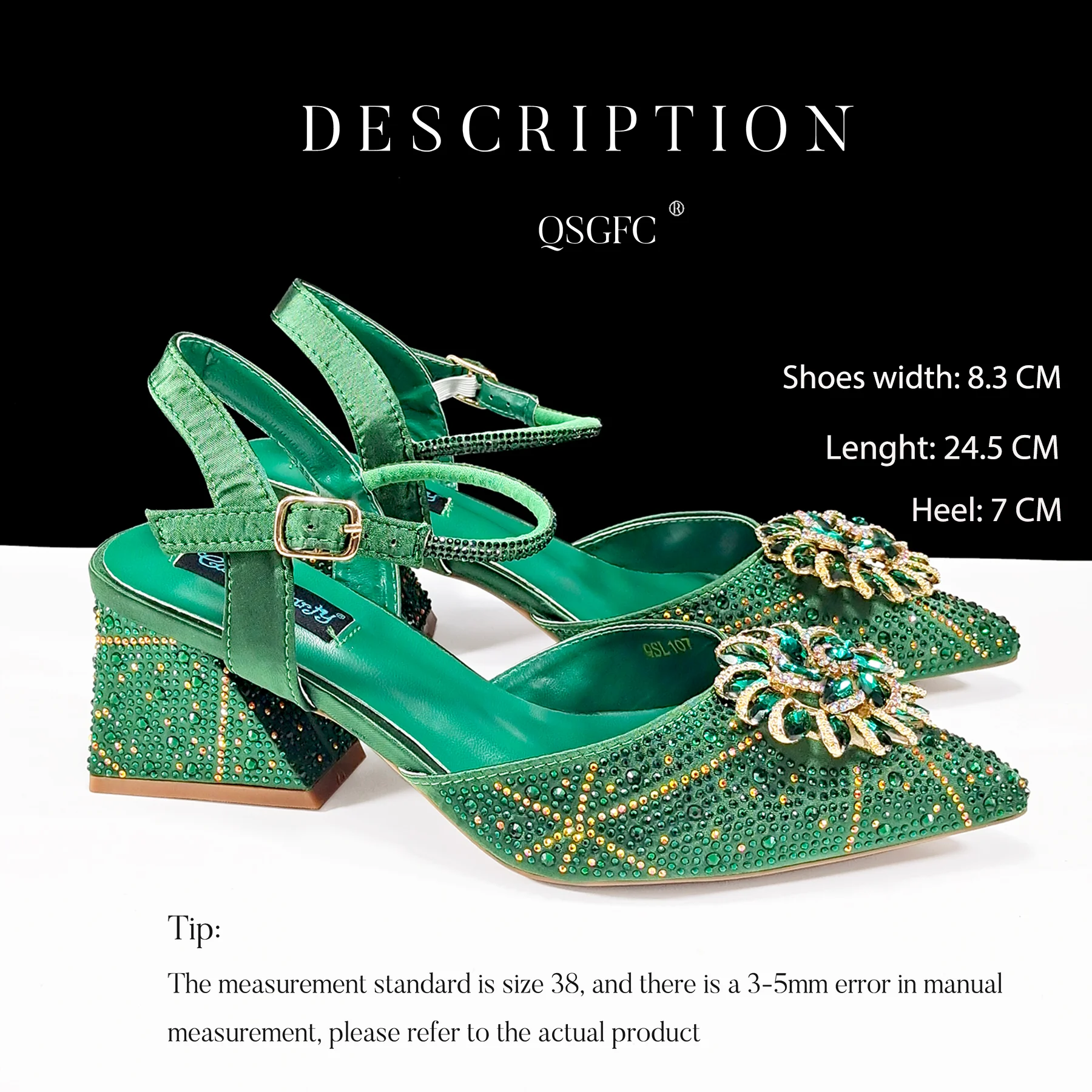 New Arrival Mature Rhinestone Decoation Design Green Color Party Wedding Pointed Toe Lady Shoes and Bag Set and A pair of shoes