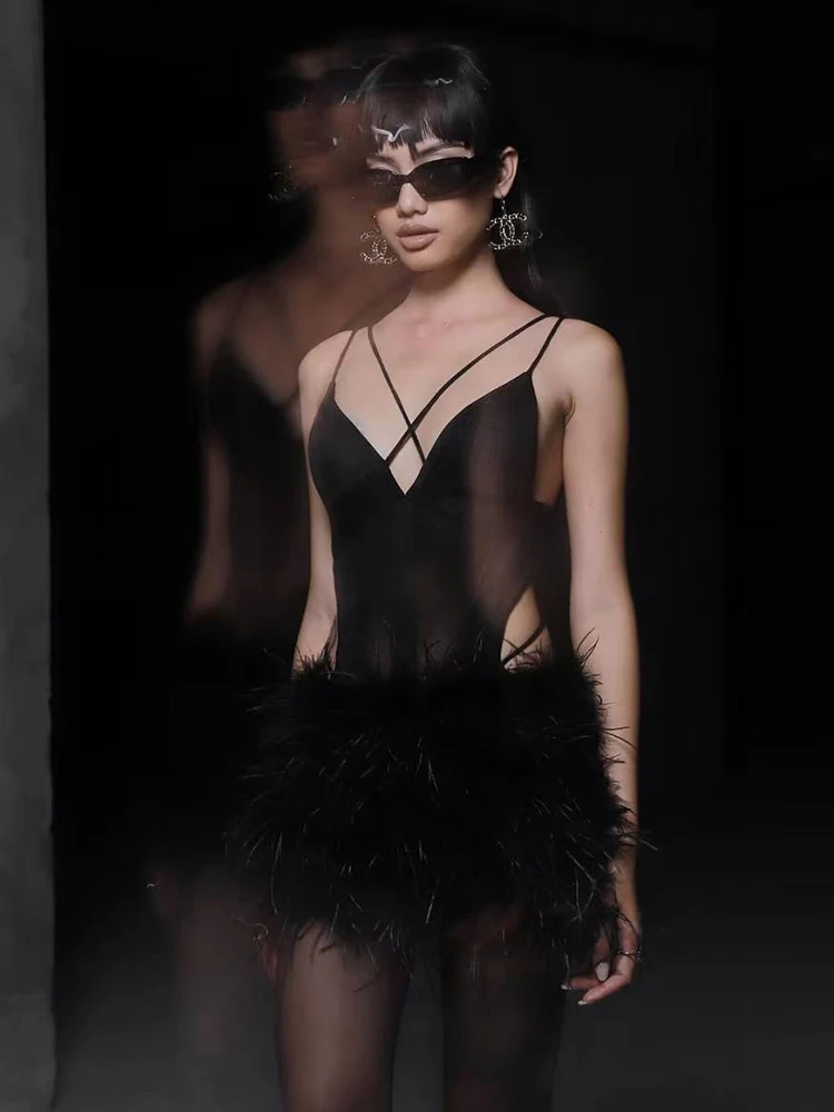 SIsterlinda Hottie 2-Piece Set Women Strap Waistless Low Chest Mesh Patchwork Bodysuit+Zip Furry Skirt Sexy Slim Street Clubwear