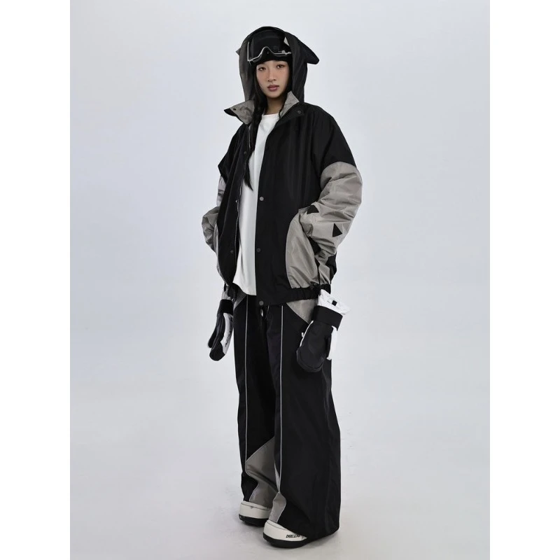 Unisex Black Grey Colorblock Cat Print Snowboard Jacket, Thickened Waterproof Breathable Insulated Ski Coat