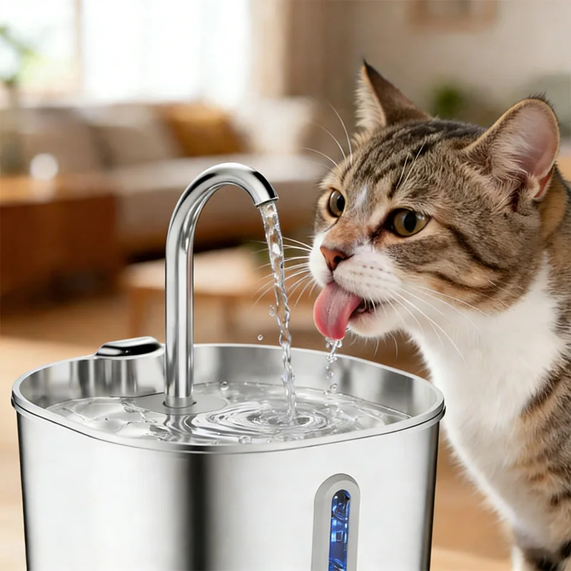 2.2L Automatic Cat Water Fountain Square Stainless Steel Pet Water Feeder Dog Water Fountain with window（No 5V 1A Plug）