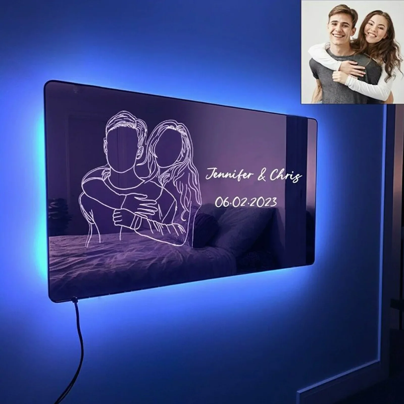 

Custom Photo Line Art Mirror Lamp - Personalized Couple Name Mirror Decoration, Valentine's Day Gift, Unique Night Lights
