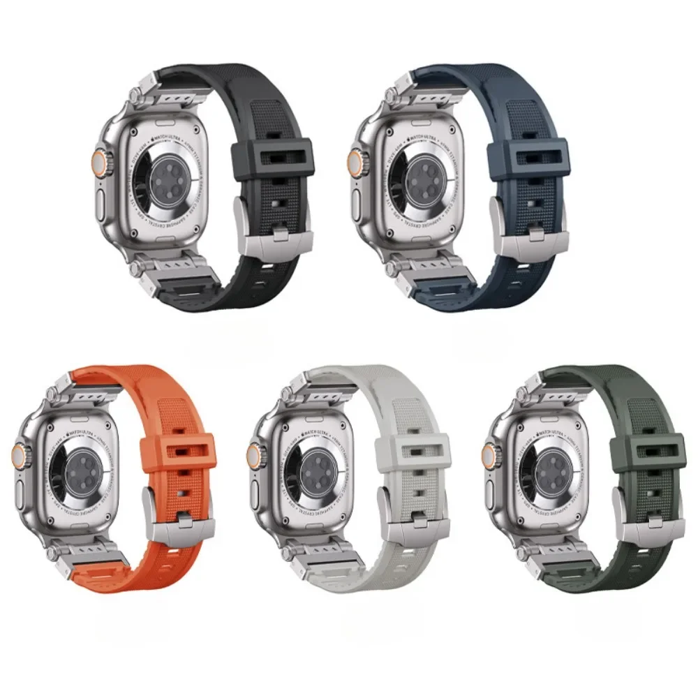 Silicone Metal Strap for Apple Watch Ultra 2 49mm 45mm 44mm 42mm Soft Rubber Strap for iWatch Series 9 8 7 6 5 4 se Men Bracelet