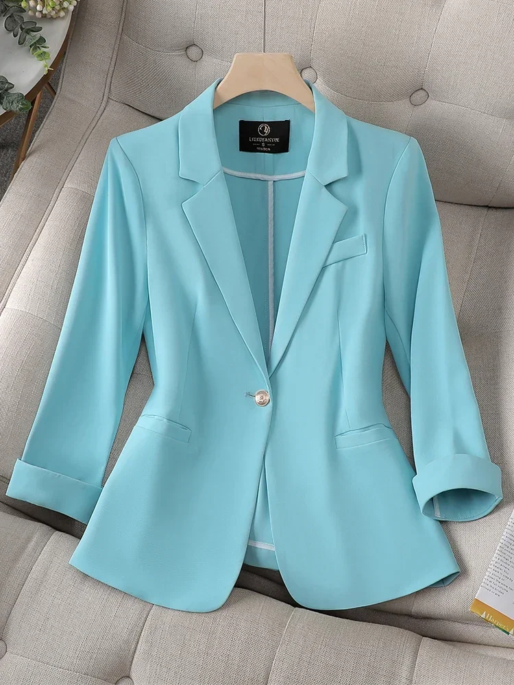 Blazer formel à manches trois-quarts pour femmes, bleu, rose, noir, solide, vêtements de travail d'affaires, veste, manteau, printemps, été