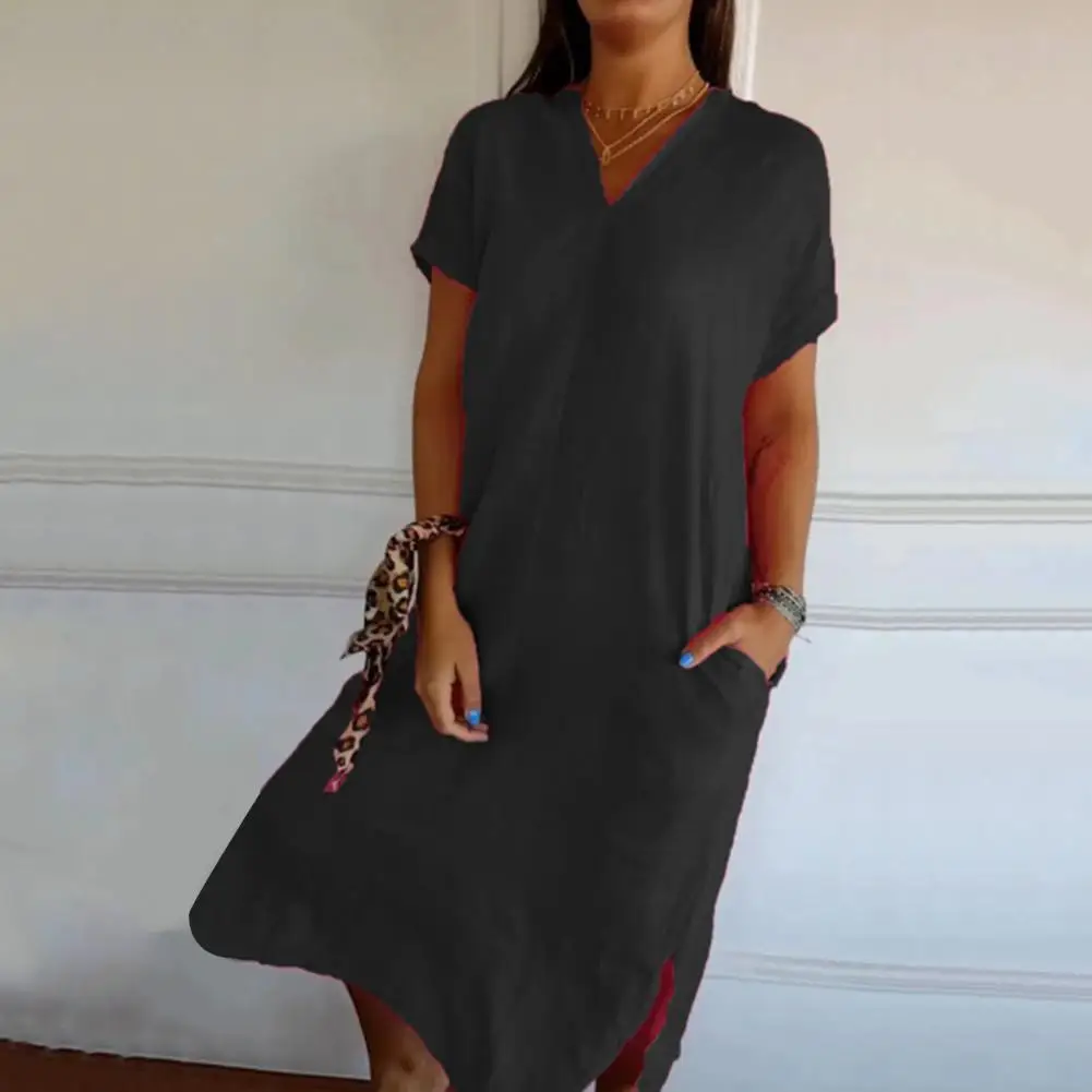 Women Loose Fit Midi Dress Elegant V Neck Midi Dress with Lace-up Back Side Pockets for Women Soft Breathable Summer Wear Solid