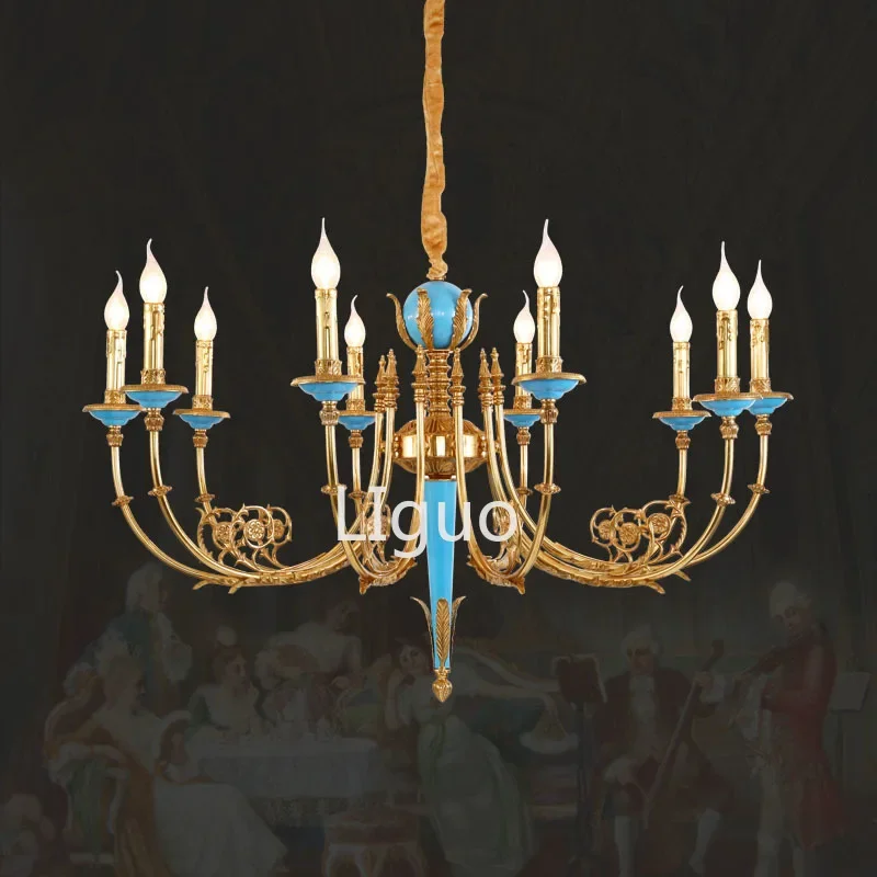 

European Simple Creative Brass Chandelier Living Room Dinning Room Bedroom French Golden Blue Copper Candle Pendant Light