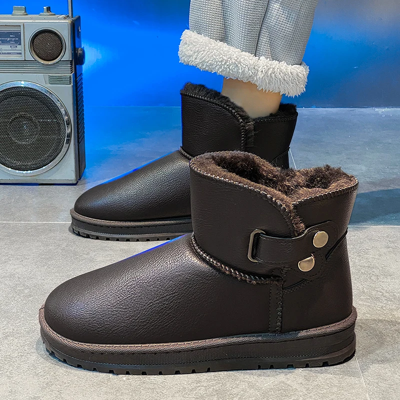 Men's Winter Thermal Snow Boots Leather Upper Anti-Slip Warm Fleece Lined Ankle Boots Outdoor Cotton Trekking Shoes Cold Weather