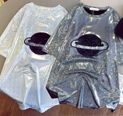 Glittering T-shirt Women Men Reflective Hip-hop Couple Summer New Silver Loose Female Short-sleeved Fashion Student Tops Tees