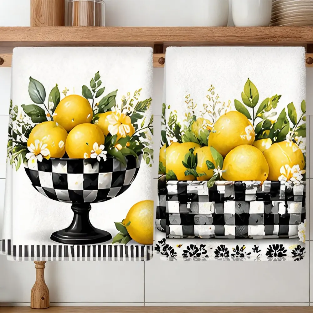 2 lemon plaid kitchen towels, suitable for housewarming gifts, soft absorbent tea towels, lemon plaid pattern