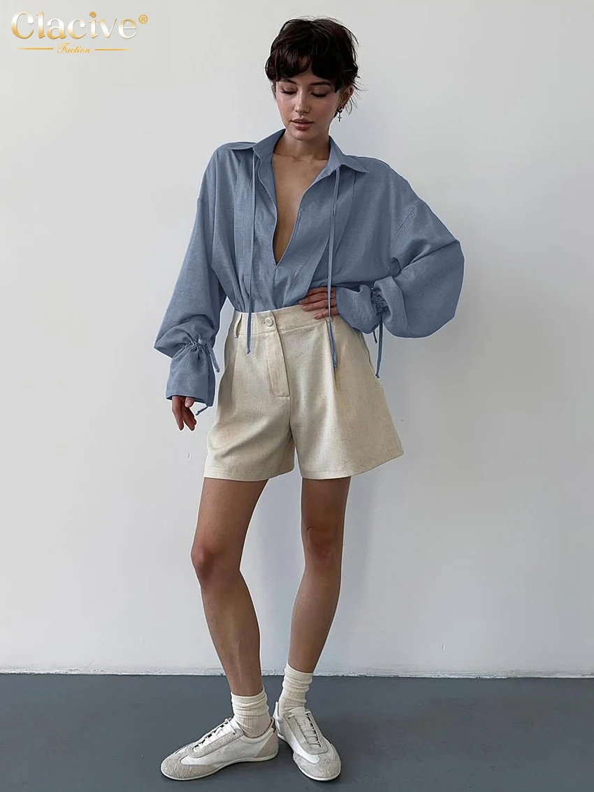 Clacive Fashion Loose Blue Women's Shirt 2025 Sexy Lapel Long Sleeve Shirts Lady Elegant Classic Lace-Up Tops Female Clothing