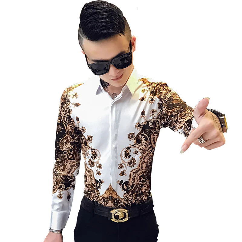 Digital Streetwear Print Slim Fit Party Tuxedo Shirt Casual Men 3XL-M Top Quality Men Shirt Autumn Long Sleeve Mens Dress Shirts