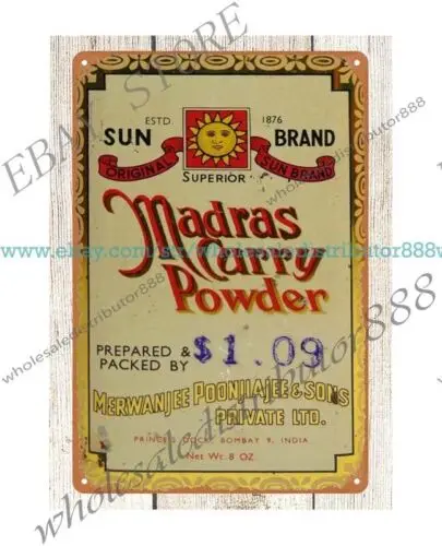 mancave wall art decor 1960s MADRAS CURRY POWDER SUN BRAND SPICE metal tin sign