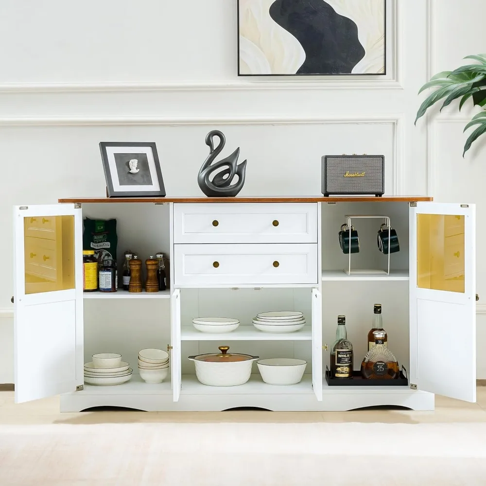 Sideboard Buffet Cabinet with Window, 55''Large Wave Base Dining Cabinet with 4 Doors and 2 Drawers, Modern Wood Coffee Bar Tabl