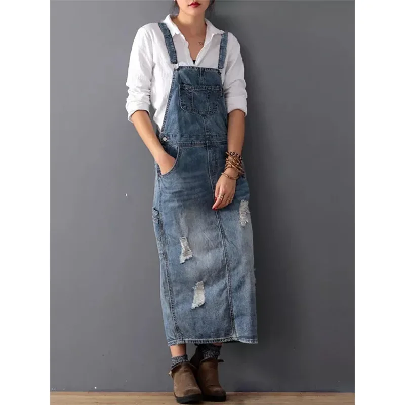 Fashion Maxi Denim Dress Summer Ladies Suspenders Holes Jean Dresses Female Loose Bib Blue cowboy Long Dress 8075