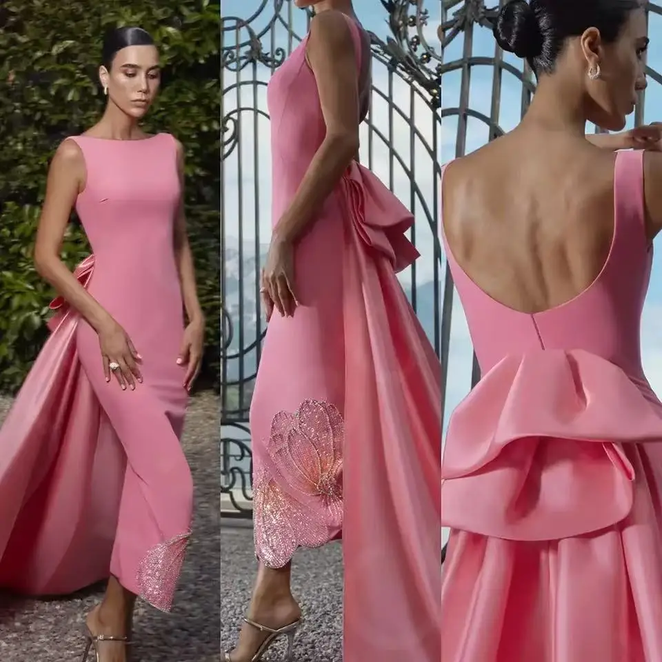 

Peach Pink Evening Dress Customized Scoop Sleeveless Sequined Butterfly Ankle Length Sheath Cocktail Party Gown Saudi Arab