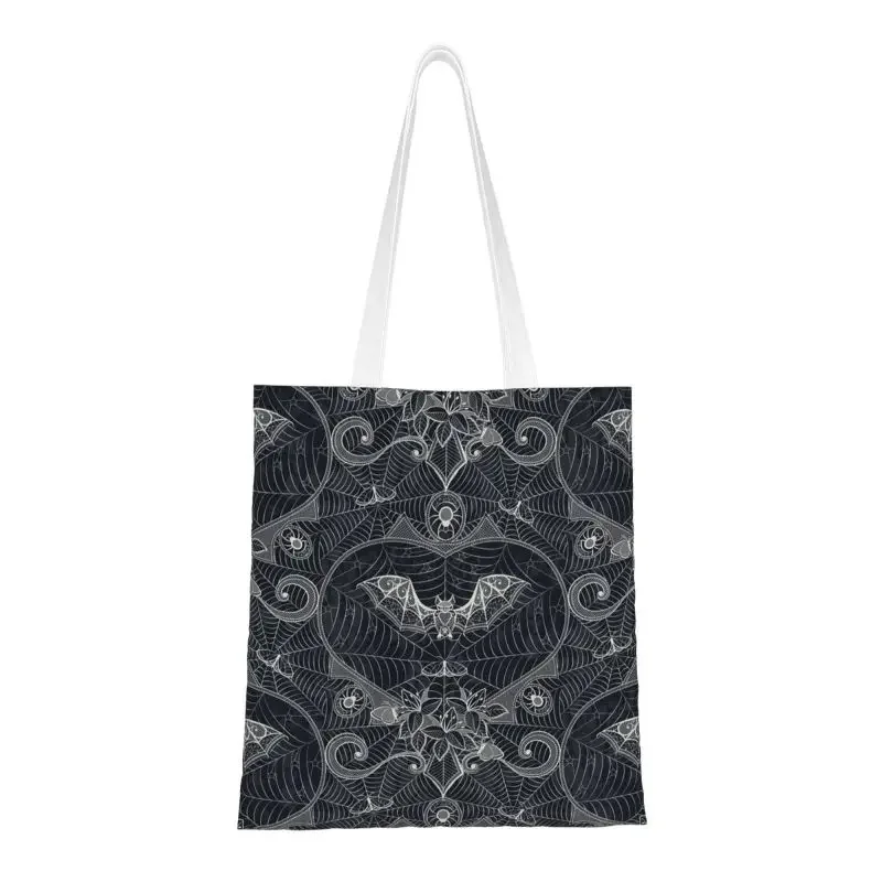 

Halloween Witch Bats Groceries Shopping Bag Printing Canvas Shopper Shoulder Tote Bag Portable Gothic Halloween Lace Handbag