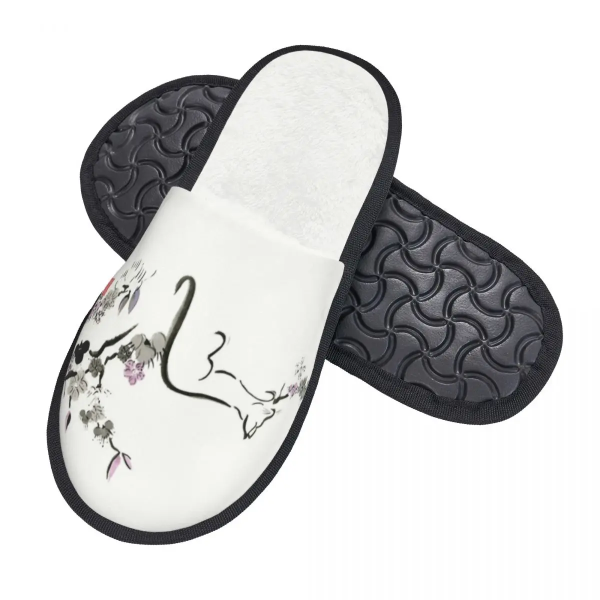 Custom Cat In Cherry Blossom Tree Soft Scuff With Memory Foam Slippers Women Kitten Bedroom House Shoes