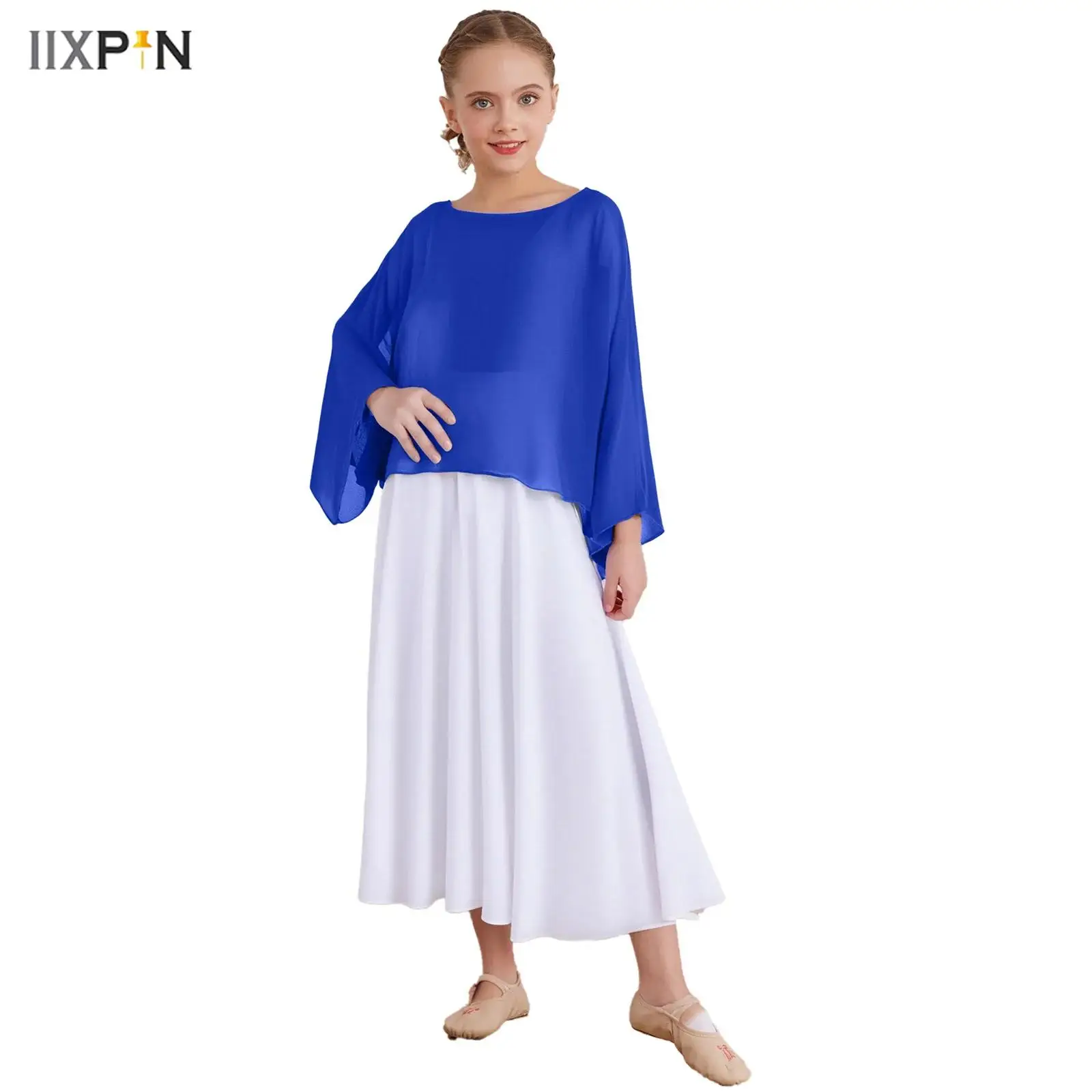 

Kids Girls Liturgical Praise Chiffon Cape Long Sleeve Pullover Airy Shawls Shrugs Bolero for Lyrical Worship Dance Church Choir