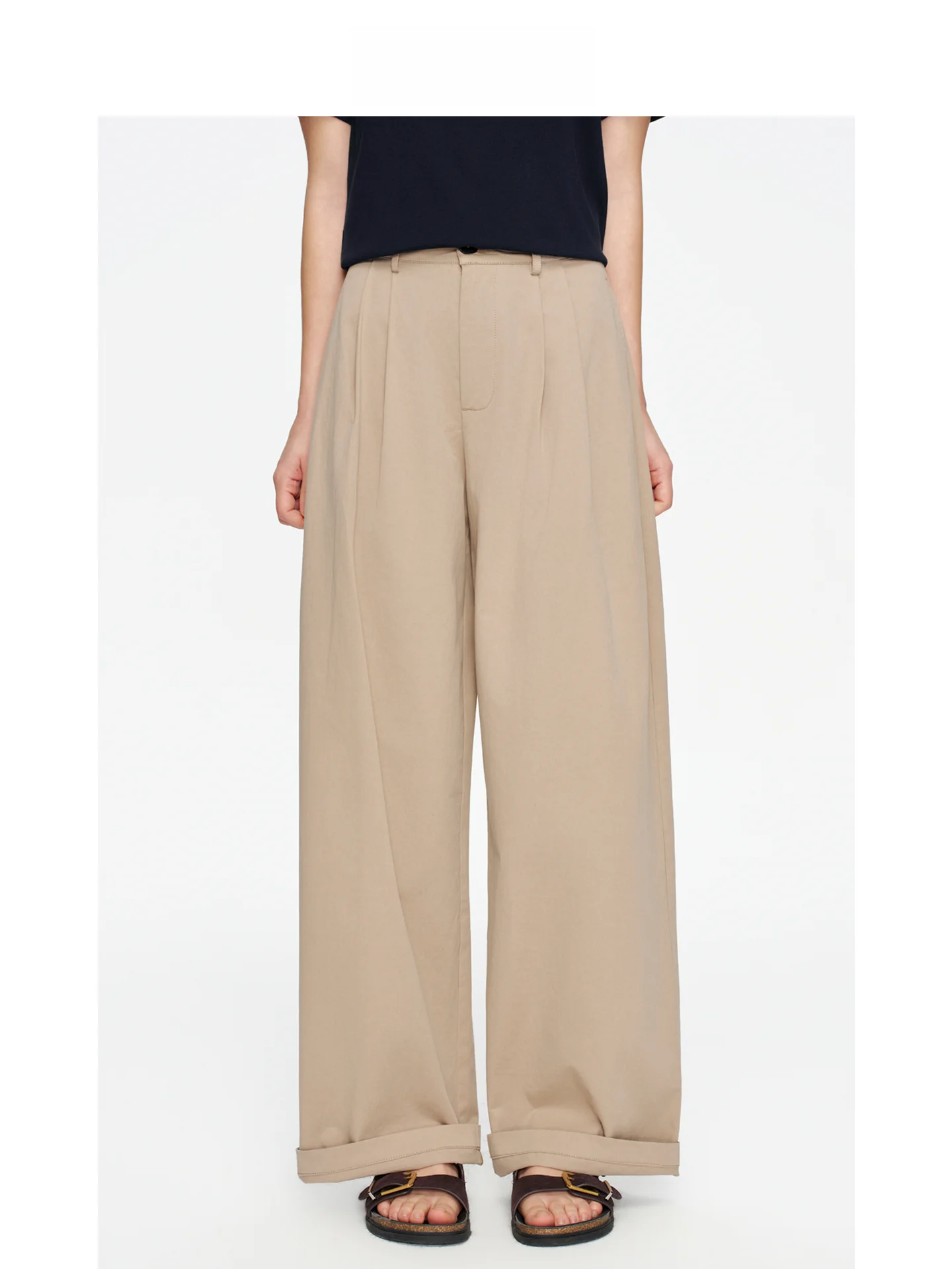 

EREMIN Natural Waist Straight Leg Cotton Casual Pants Pleated Loose Silhouette Khaki Color Versatile Casual Trousers
