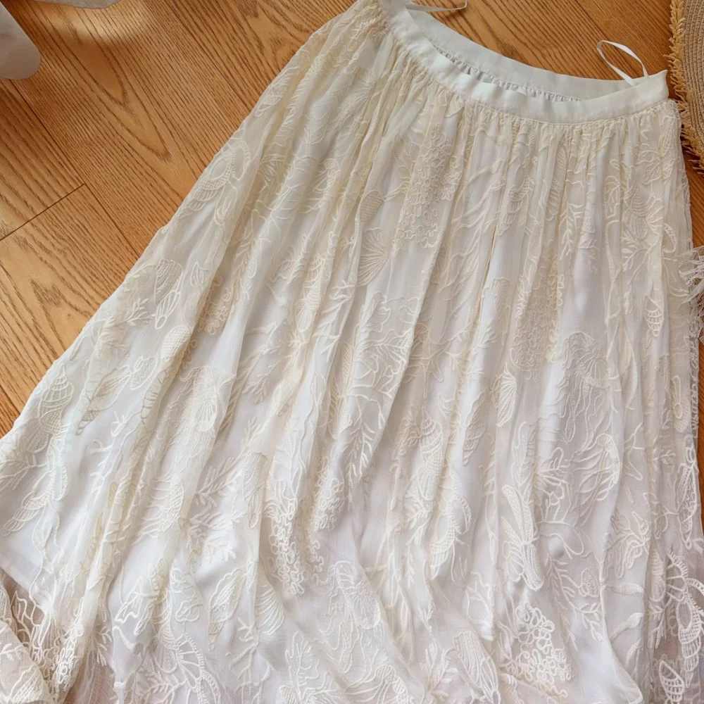 Heavy Embroidery Silk  Long Skirt Maxi A-Line Summer Beach Holiday Fairy Skirt Women's Loose Fit Elastic Waist